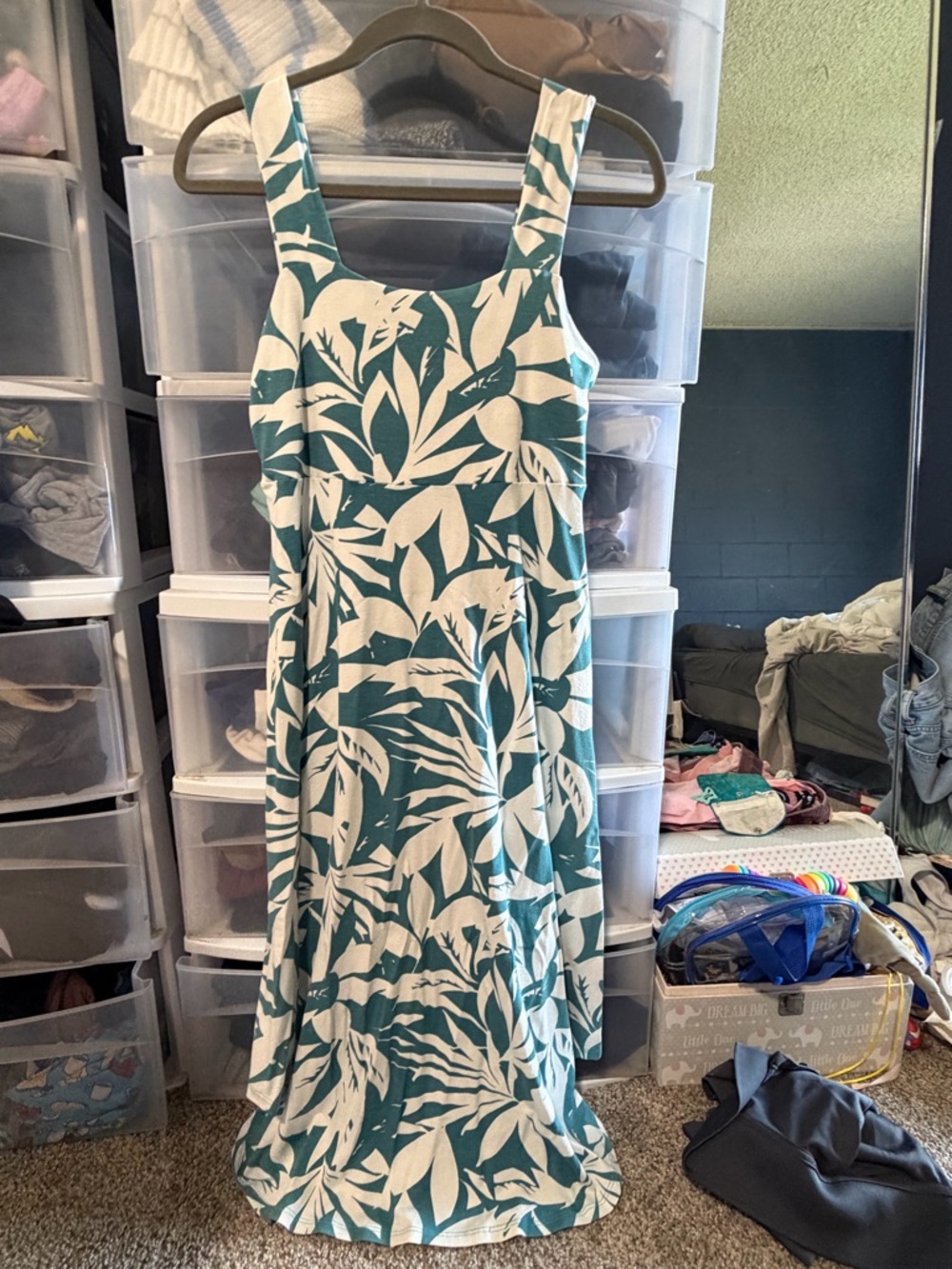 Always A-line Sleeveless Teal and White Leaf-Print Maxi Dress NWT